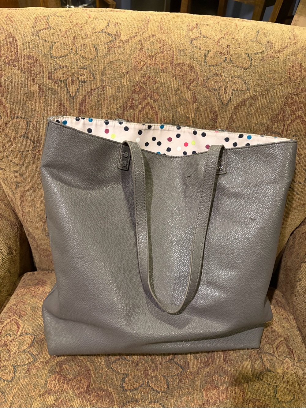 Gray Women's Tote Bag with Polka Dot Lining